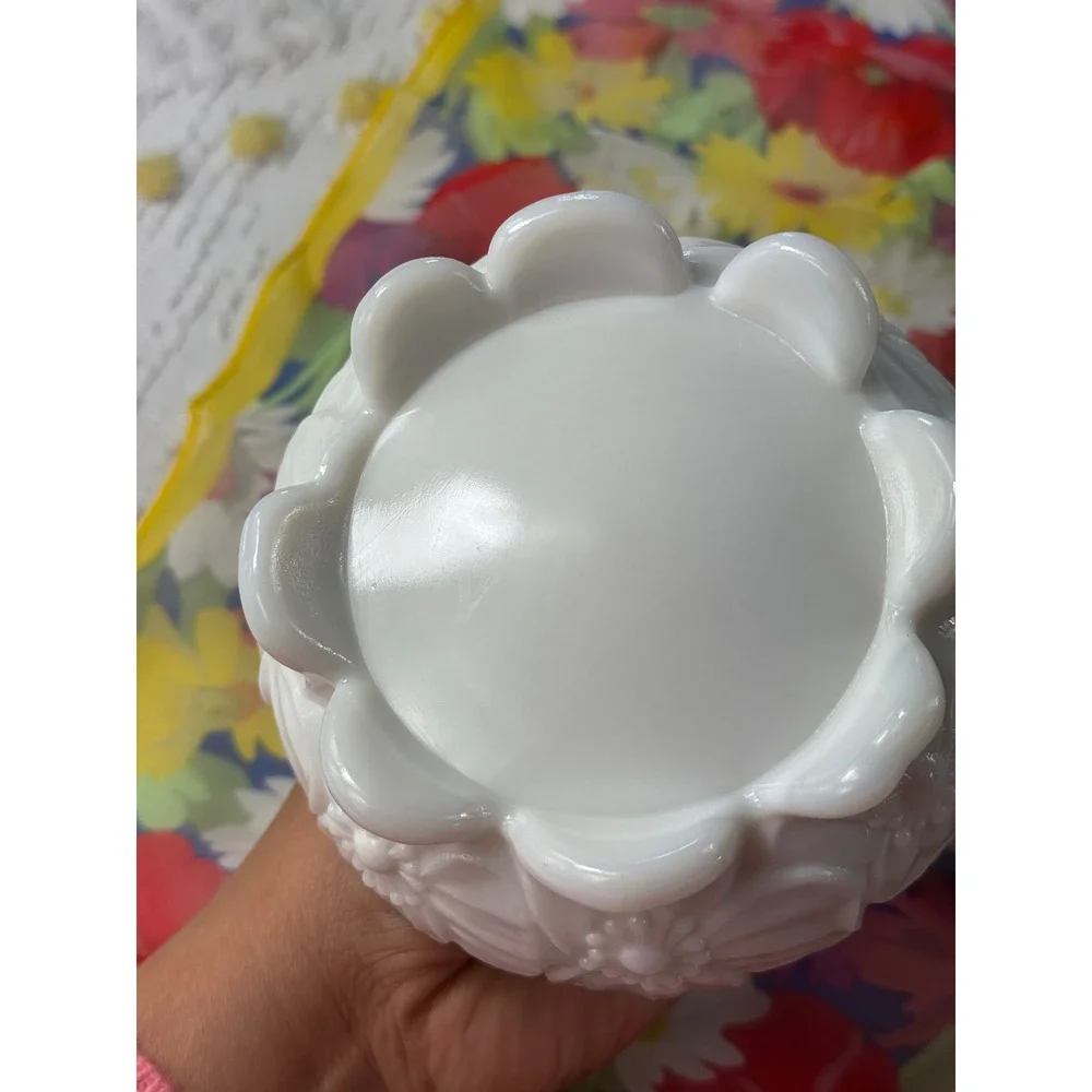 Vintage White Milk Glass Floral Embossed Basket Trinket Dish Candy Bowl